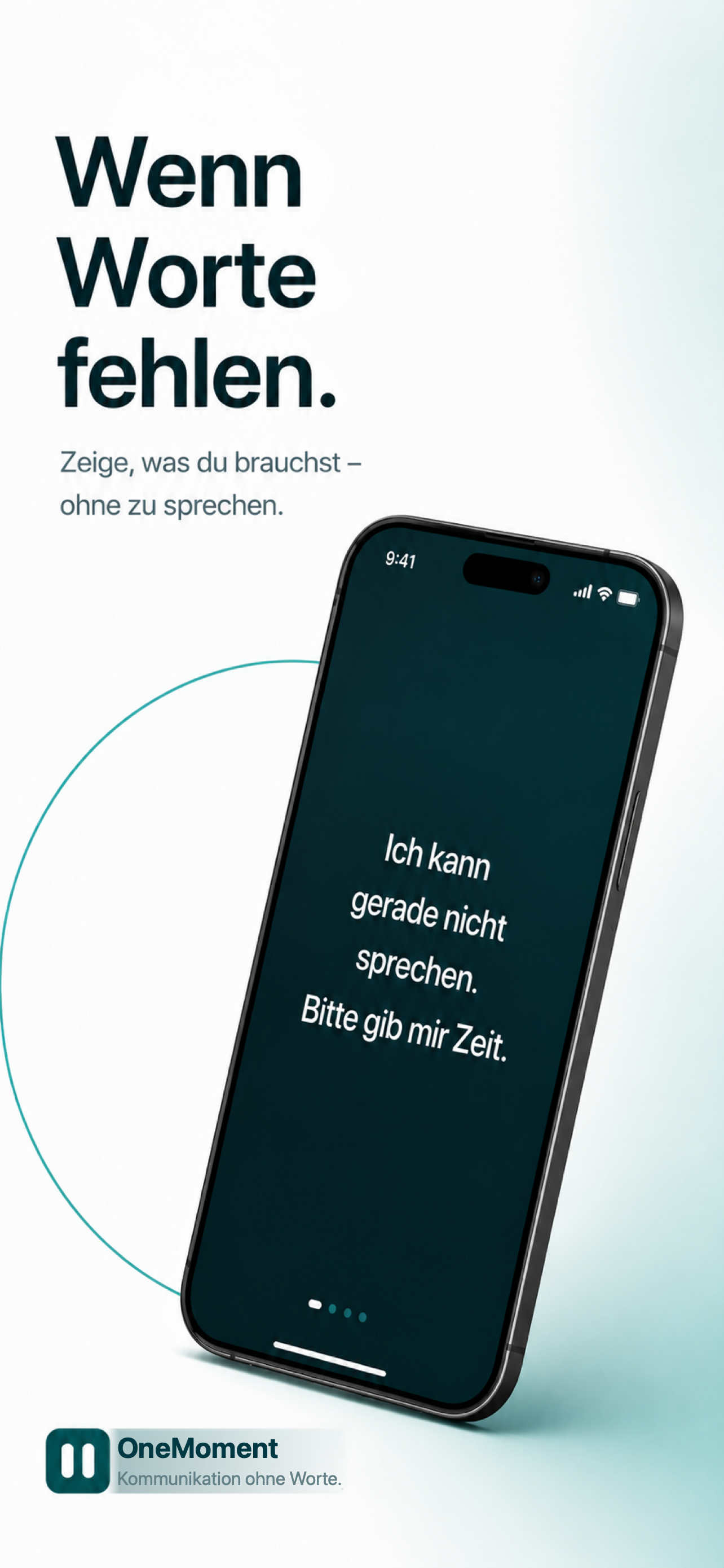 OneMoment Marketingbild mit der Karte Ich kann gerade nicht sprechen. Bitte gib mir Zeit.